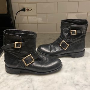 100% AUTHENTIC JIMMY CHOO LEATHER ANKLE BOOTS BLACK SIZE 39